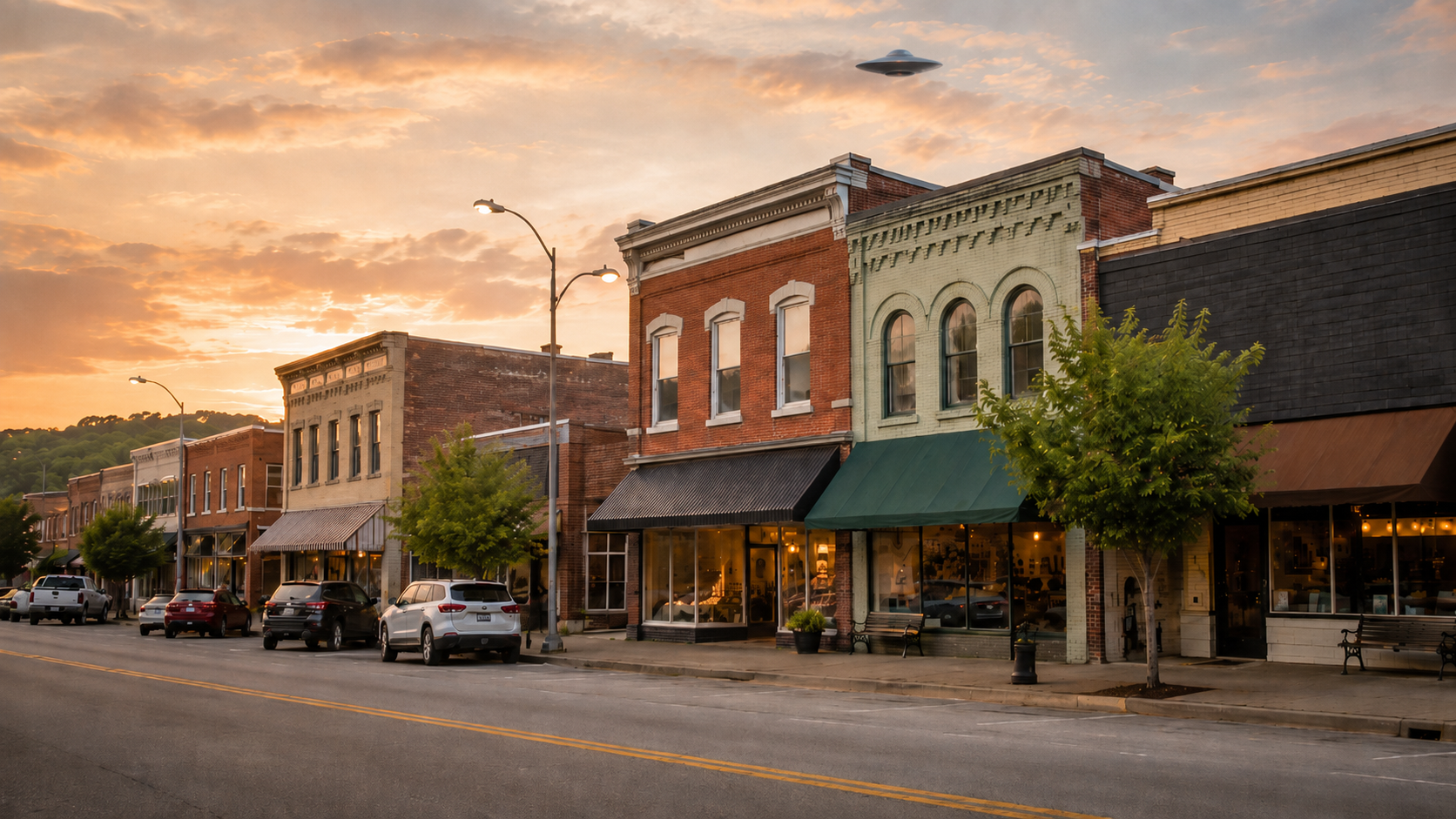 Small-town commercial storefronts with a subtle UFO overhead