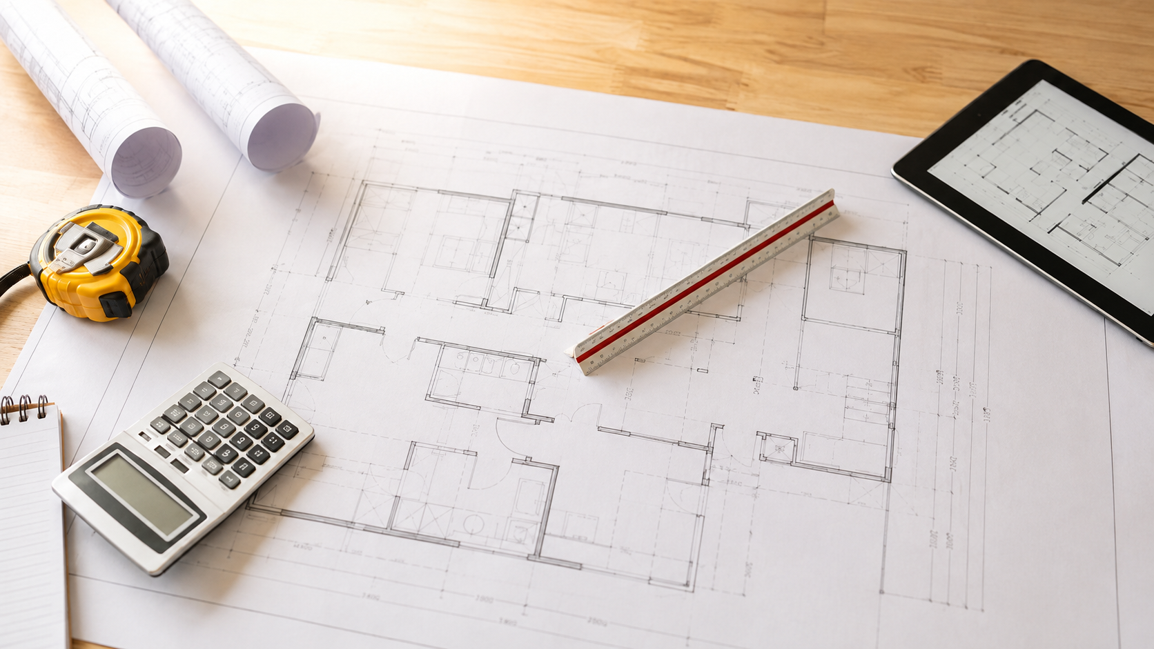 Construction blueprint takeoff workspace with plans, scale, calculator, and tablet