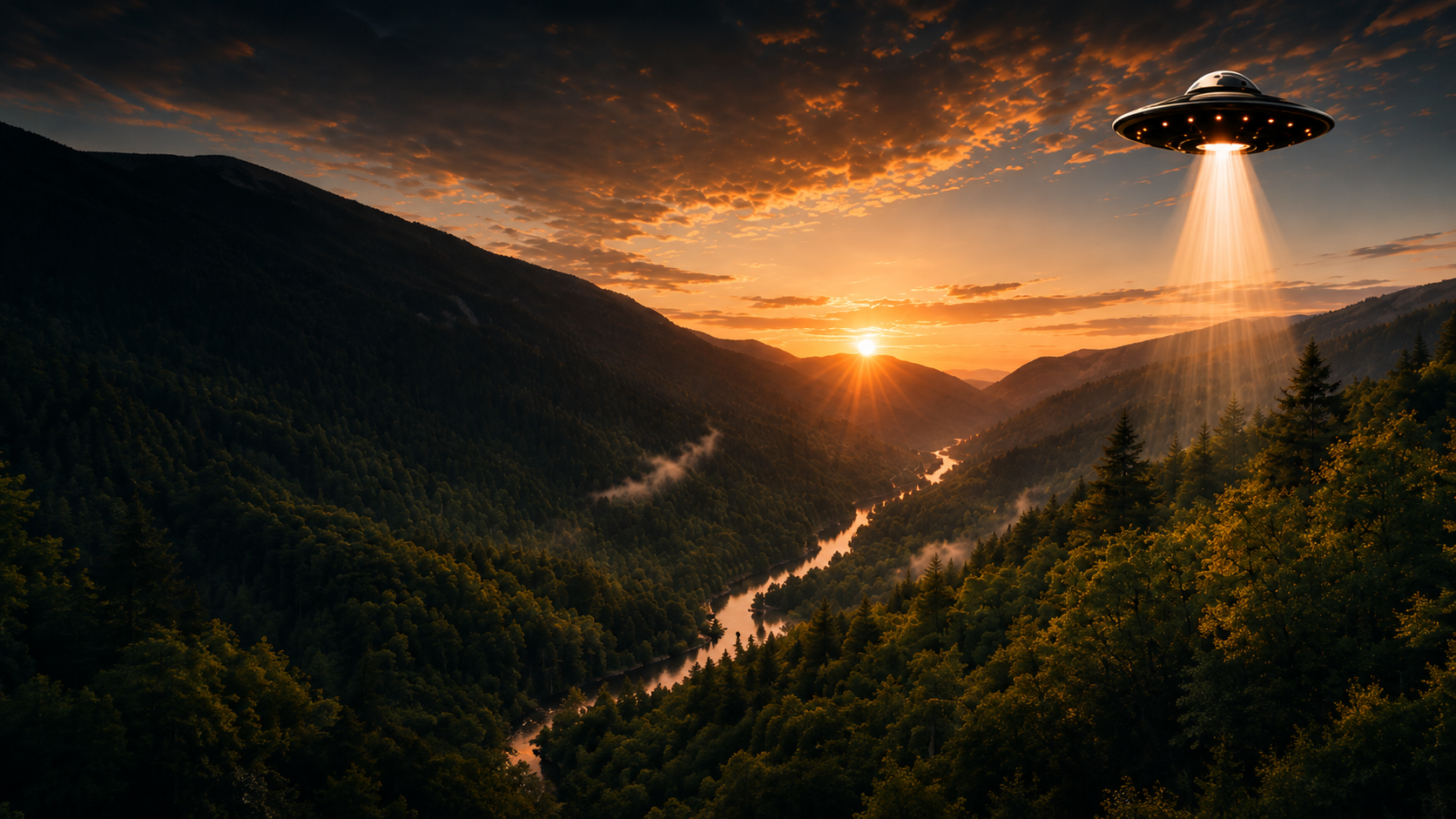 Mountain valley at sunset with a UFO hovering over the ridge