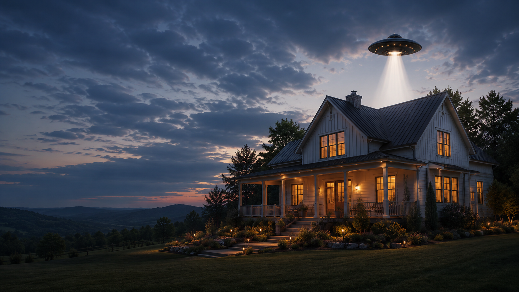 East Tennessee farmhouse at dusk with a subtle UFO beam overhead