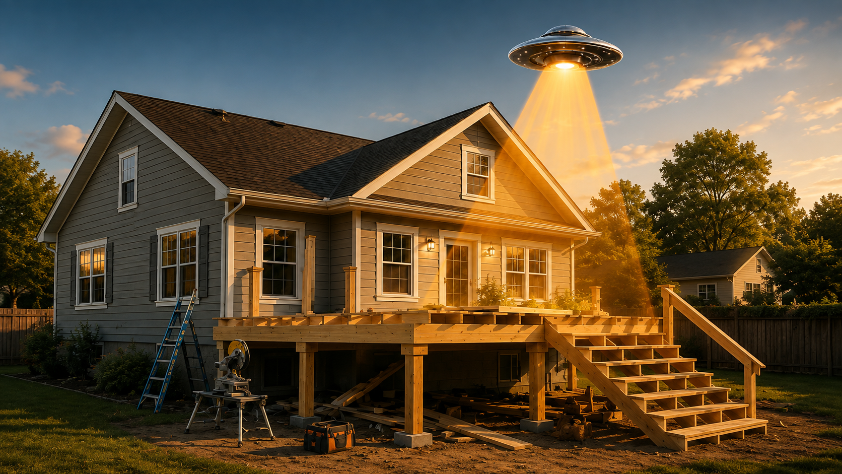 Residential home and deck with a subtle UFO beam